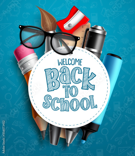 Back to school education vector template. Welcome back to school text in white empty space with colorful educational supplies and school elements in blue pattern background. Vector illustration.
