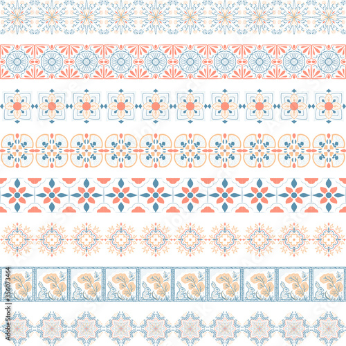 Design elements and page decoration. Vector set of color mosaic tile borders. Antique ceramic decor design.  Mediterranean blue and orange decor. Portuguese or spanish retro old mosaic tiles. Geometri