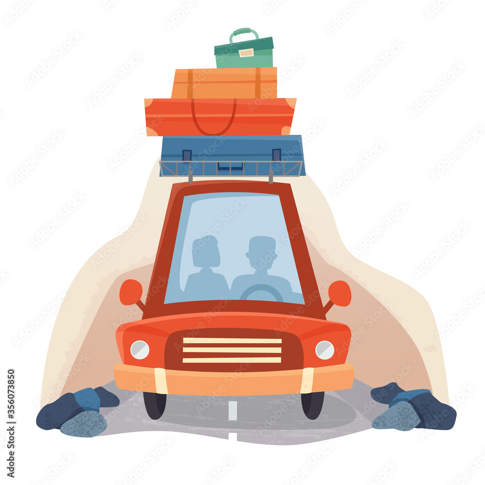 Naklejka premium People in travel car with suitcases, road and forest trees. Flat cartoon style.