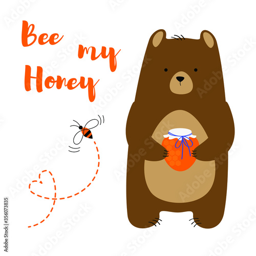 Seamless pattern of honey bees, honey and bears. Vector illustration