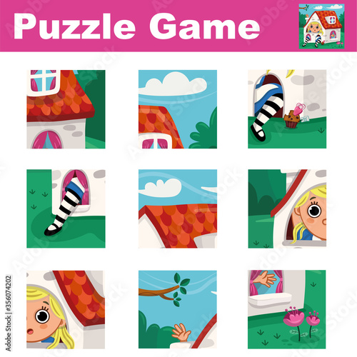 Puzzle game for kids featuring  Alice in Wonderland theme. Match pieces and complete the picture. Activity for preschool children. Vector illustration.
