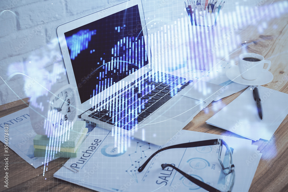 Fototapeta premium Double exposure of business theme icons and work space with computer background. Concept of success.