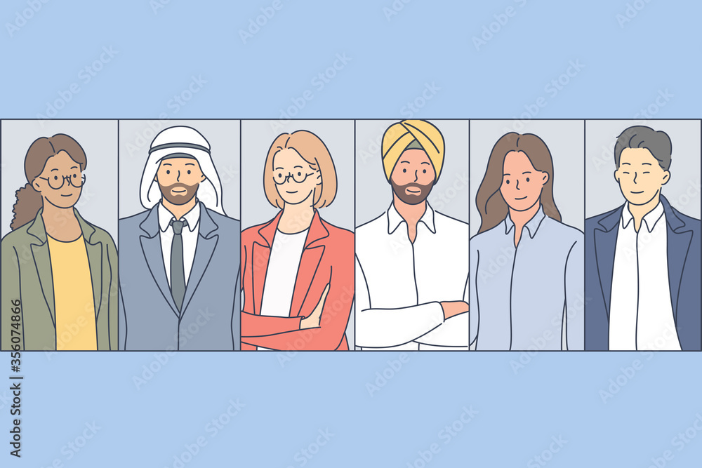 Multiracial business people set concept. Collection collage of young happy international arab hindu muslim african american businessmen women cartoon characters isolated in frames looking at camera. Multiracial business people set concept. Collection collage of young happy international arab hindu muslim african american businessmen women cartoon characters isolated in frames looking at camera.