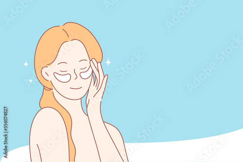 Beauty, skincare, makeup concept. Young happy smiling beautiful woman girl cartoon character with natural clean skin and patches standing with closed eyes. Healthy lifestyle and fashion illustration.