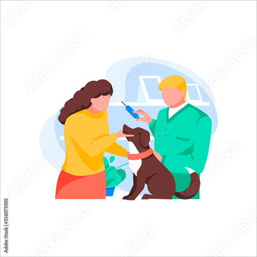 Veterinary examining dog, isolated on white background. Woman client brought pet to vet. Animals protection. Vet clinic interior. Doctor vaccinates animal against diseases. Flat vector illustration