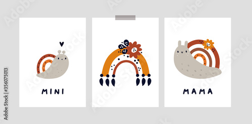 Set with nursery prints with cute baby snail and rainbow isolated on white background. Kids illustration in doodle style. Ideal for kids room decoration, kid clothing, poster, card