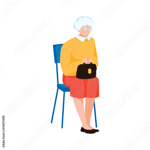 Grandmother sitting on chair. Elderly character, isolated on white background. Old woman waiting in line for reception. Cute aged lady with handbag. Hospital waiting room. Flat vector illustration