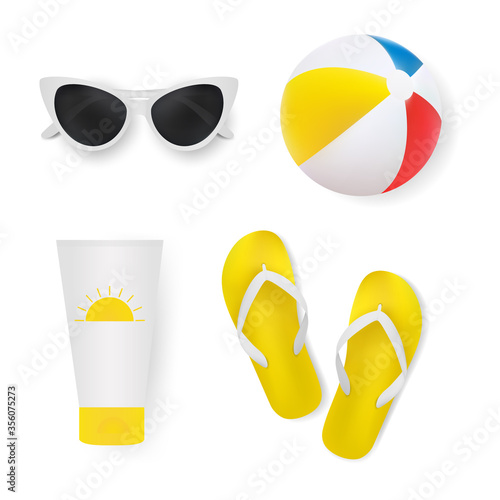 Set summer items 3D isolated on a white background. Collection icons. Sunglasses, flip flops, sunscreen, inflatable ball. Vector illustration.