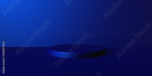 Espositore vuoto circolare blu su fondo blu, podio o piedistallo per esposizione prodotti, base circolare con sfondo vuoto, Rendering 3D, visione frontale