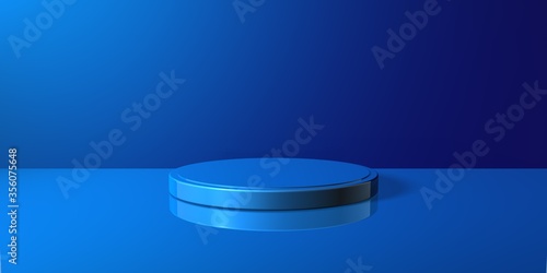 Espositore vuoto circolare blu su fondo blu, podio o piedistallo per esposizione prodotti, base circolare con sfondo vuoto, Rendering 3D, visione frontale photo