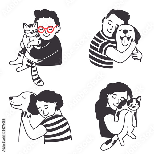 Children with pet set. Home animals love kids, children pettings and hug for cute cat and happy puppy, sketch of cartoon smile isolated on white background, vector illustration