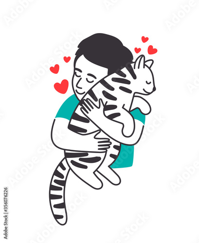 Boy and cat. Child hug cute cat on hands, relaxing cartoon poster about young man love and pet, vector illustration isolated on white background