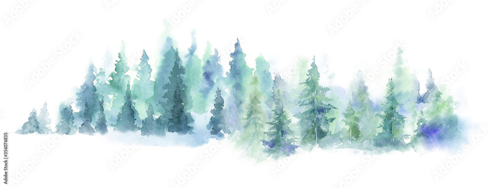 Obraz Watercolor forest landscape panorama. Misty blue fir forest. Wild nature, frozen, misty, taiga. Abstract horizontal composition