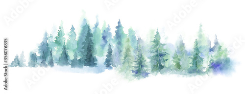Watercolor forest landscape panorama. Misty blue fir forest. Wild nature, frozen, misty, taiga. Abstract horizontal composition © Leyasw