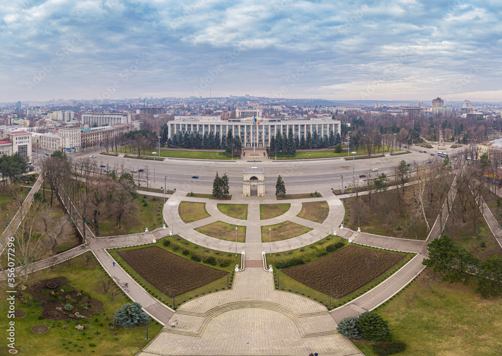 Chisinau Triumphal Arch and Government building in central Chisinau, 2020. Aerial view