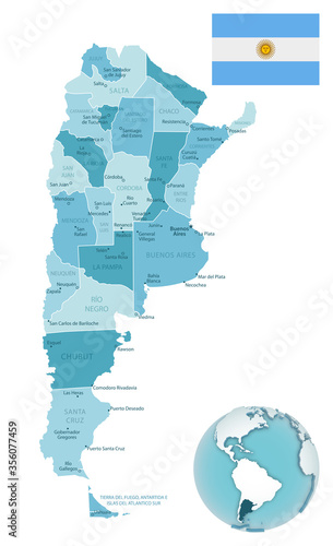 Argentina administrative blue-green map with country flag and location on a globe. Vector illustration