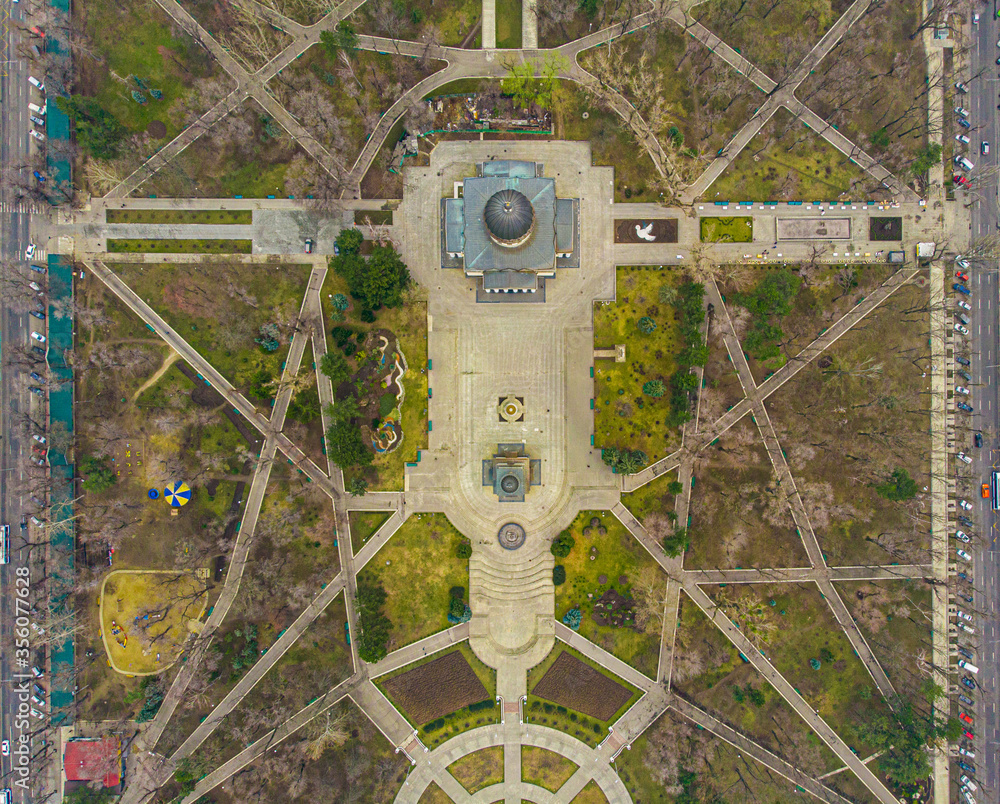 Aerial view of Chisinau metropolitan central park, from drone. Moldova 2020