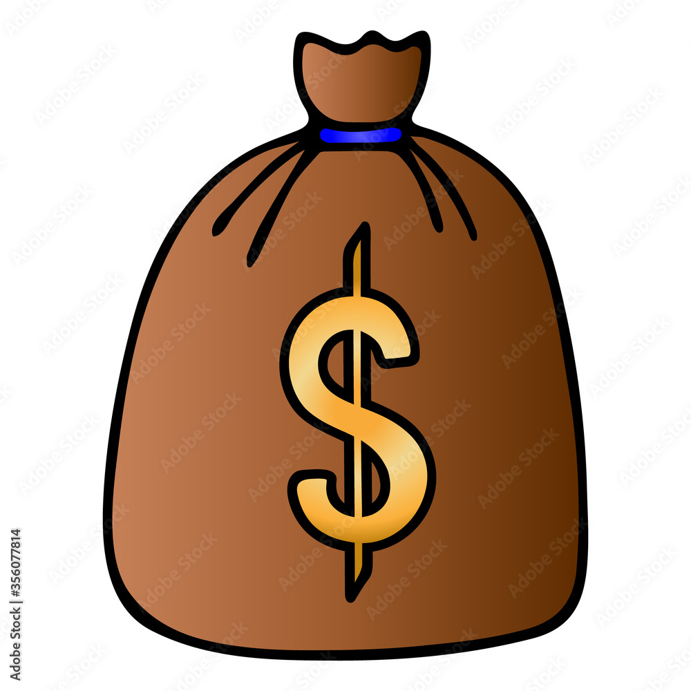 Us dollar icon on the package. Bag with money. Currency Color vector illustration on an isolated white background. Cartoon style. Subjects of business and finance. Treasure inside. Us dollar icon on the package. Bag with money. Currency Color vector illustration on an isolated white background. Cartoon style. Subjects of business and finance. Treasure inside.