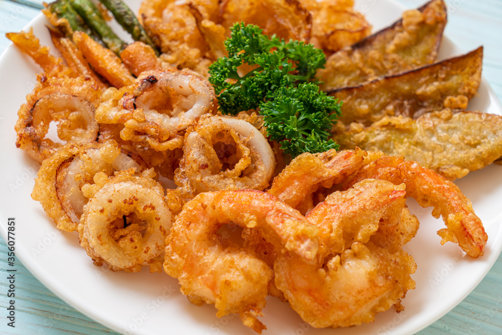 deep fried seafood (shrimps and squid) with mix vegetable deep fried seafood (shrimps and squid) with mix vegetable