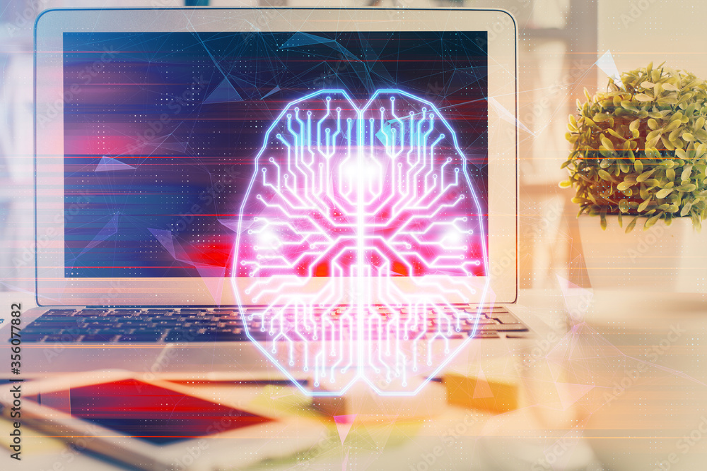 Fototapeta premium Double exposure of work space with computer and human brain drawing hologram. Brainstorm concept.