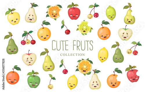 Vector collection of colorful cute cartoon fruits characters apple, pear, orange, cherry, lemon, lime isolated on white background