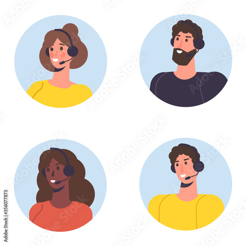 Call center avatar set. Customer service, hotline concept. Office workers with headsets, telemarketing agents. Vector illustration