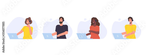 Call center avatar set. Customer service  hotline concept. Office workers with headsets  telemarketing agents. Vector illustration