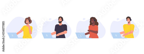 Call center avatar set. Customer service, hotline concept. Office workers with headsets, telemarketing agents. Vector illustration