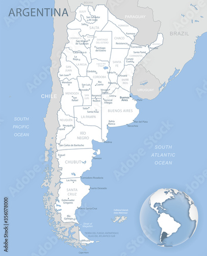 Blue-gray detailed map of Argentina administrative divisions and location on the globe. Vector illustration