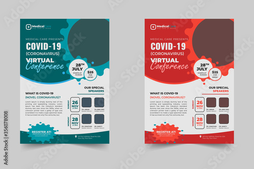 Coronavirus and Covid 19 virtual Conference Flyer Template Design with a4 size,Flyer design for Covid-19 Coronavirus concept, COVID-19 dangerous virus flyer poster brochure