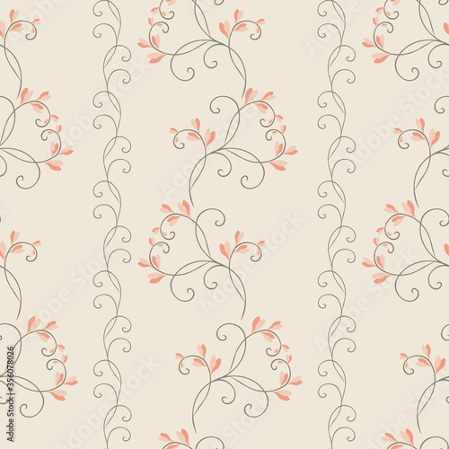 Simple vector floral seamless pattern. Subtle ornament with small leaves, curved branches, curly twigs. Abstract vintage background in pastel colors. Liberty style millefleurs. Wallpapers design 