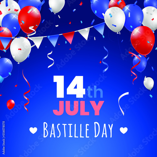 Fototapeta Naklejka Na Ścianę i Meble -  High Quality 14 July Bastille Day Poster Design with Balloons on Colored Background . Isolated Vector Elements