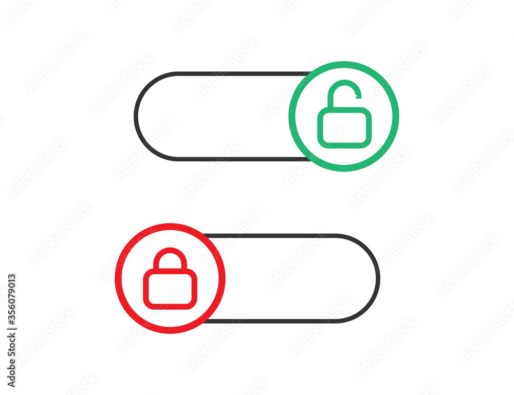 Locked and unlocked toggle. Switch on and off. Control slider. Red and ...