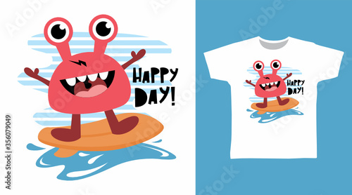Cute surfer crab design vector illustration ready for print on kids t-shirt.