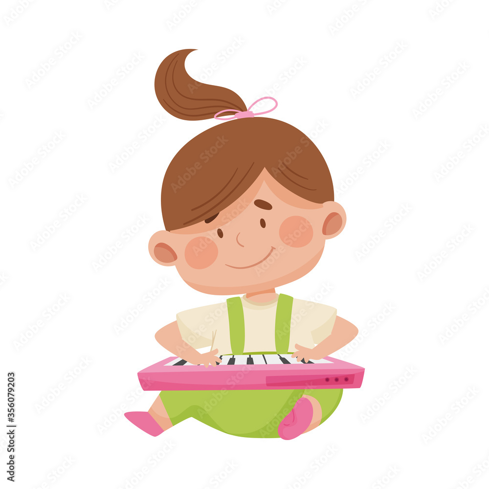 Baby Girl Sitting on the Floor Pressing Buttons on Toy Keyboard Vector Illustration