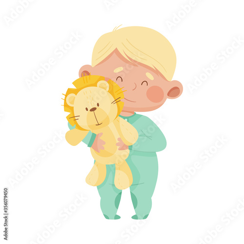 Baby Boy Standing and Hugging Fluffy Toy Lion Vector Illustration