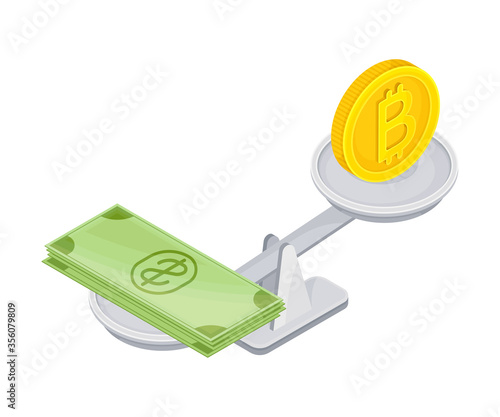 Isometric Bitcoin Gold Coin and Dollar Banknotes Balancing on Scales Vector Illustration