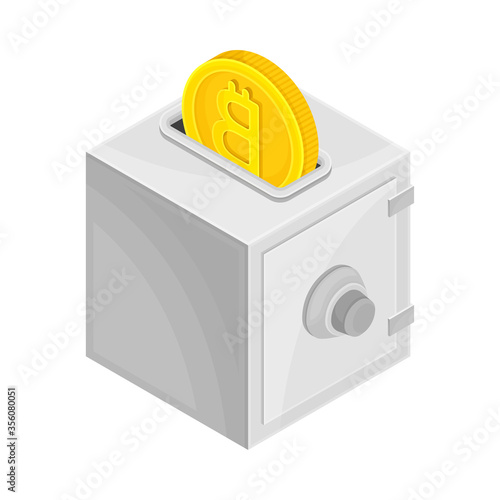Safe Deposit or Cash Box with Bitcoin Gold Coin as Encryption Protection System Isometric Vector Illustration