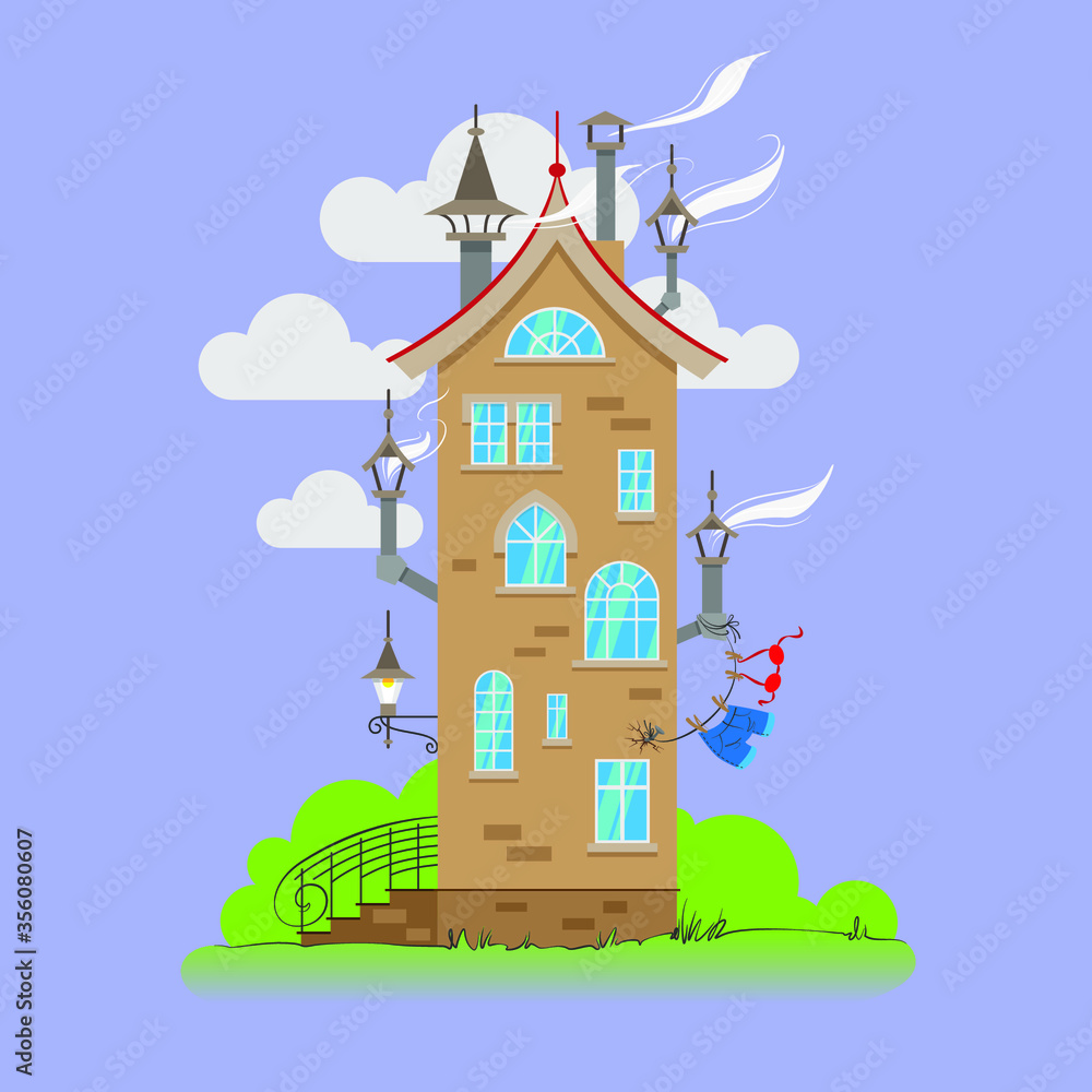 Vector illustration of a cartoon brick house with a red roof on a background of green grass and summer sky with clouds Vector illustration of a cartoon brick house with a red roof on a background of green grass and summer sky with clouds