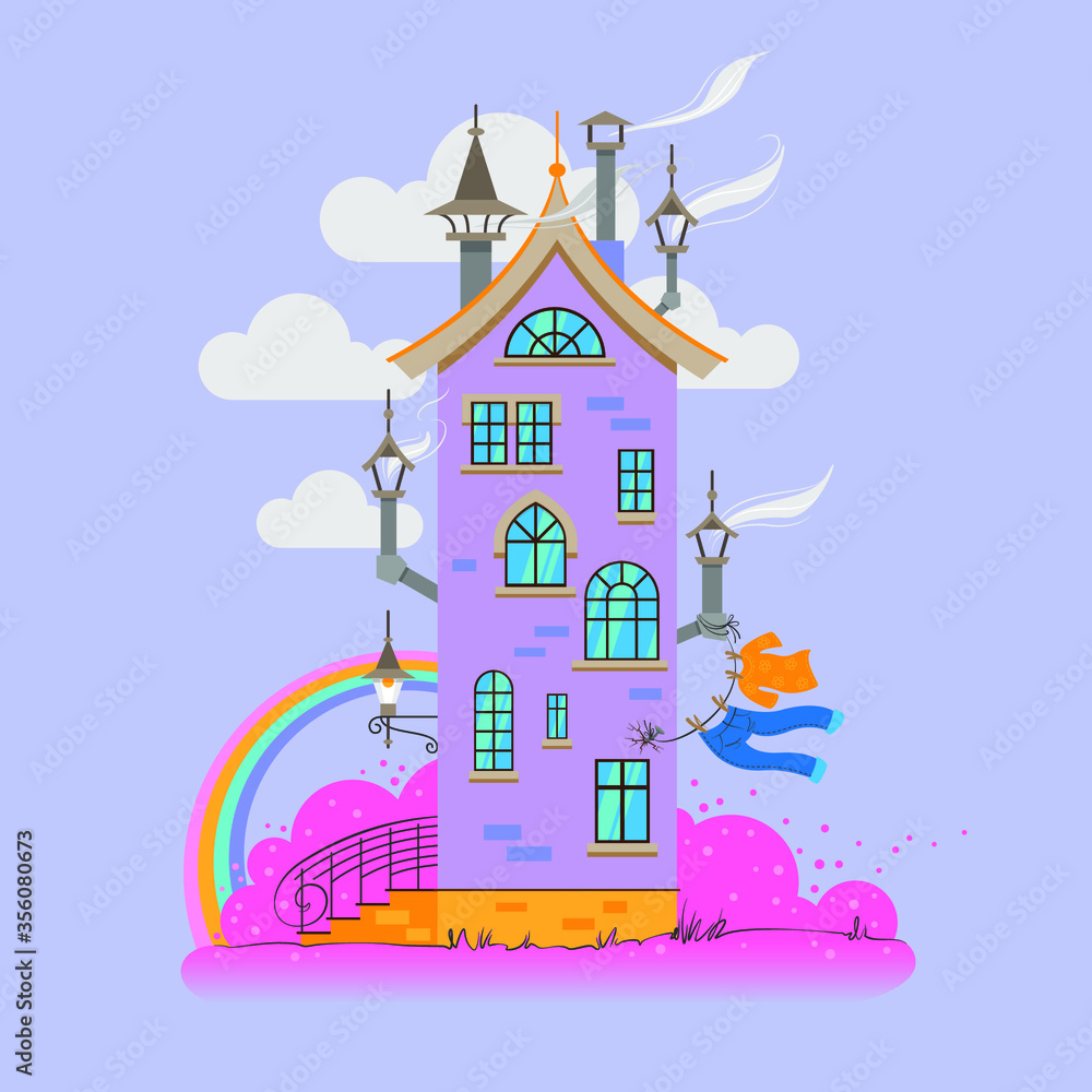 Vector illustration of a cartoon brick house with a yellow roof on a background of pink grass and sky with clouds