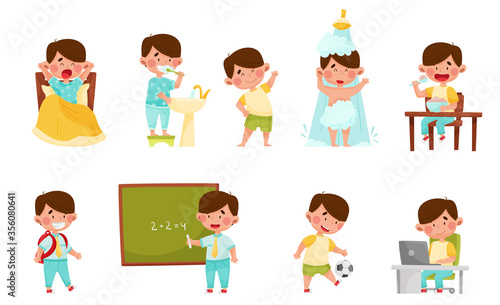 Cute Boy Character Waking Up, Brushing His Teeth and Doing Physical Exercises Vector Illustrations Set