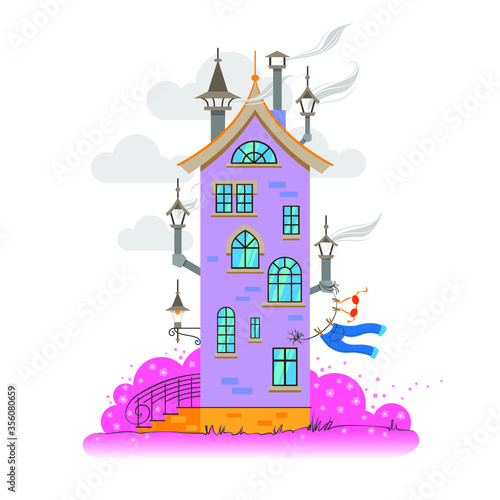 Vector illustration of a cartoon brick house with a yellow roof on a background of pink grass and sky with clouds