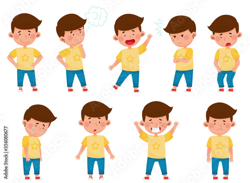 Little Boy Standing with Smile and Thoughtful Expression on His Face Vector Set