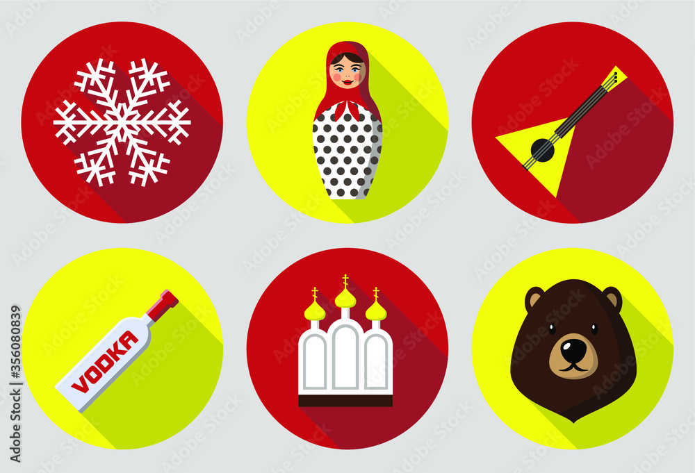 Set of icons. Multi-colored set of round icons on Russian theme, brown bear, balalaika, matryoshka, vodka bottle, Orthodox Church and white snowflakes isolated on red and yellow background