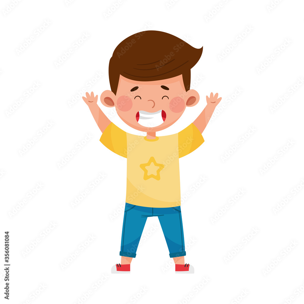 Dark-haired Boy Standing and Waving Hand Vector Illustration