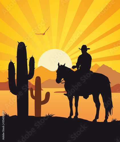Cowboy with horse Wild West sunset landscape background