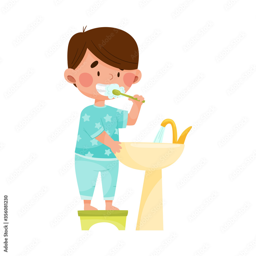 Boy Character Standing on Stool in the Bathroom and Brushing His Teeth Vector Illustration Boy Character Standing on Stool in the Bathroom and Brushing His Teeth Vector Illustration