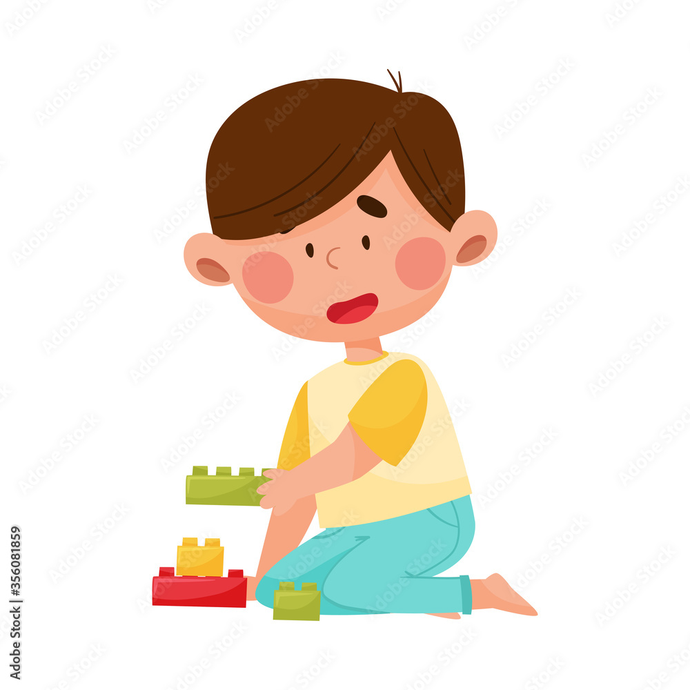 Cheerful Boy Character Sitting on the Floor and Playing with Blocks Vector Illustration Cheerful Boy Character Sitting on the Floor and Playing with Blocks Vector Illustration