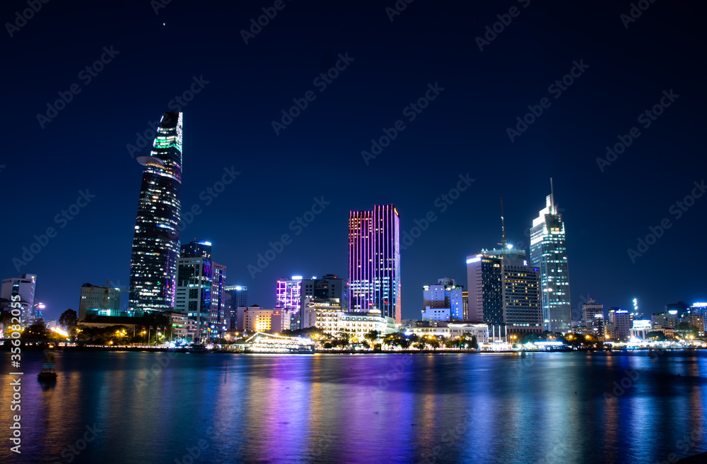 Ho Chi Minh skyline, reflection, night time, city, skyscraper