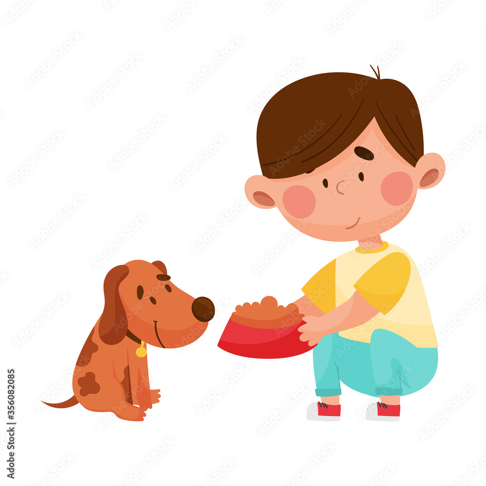 Boy Character with Bowl of Dog Food Feeding His Domestic Animal Vector Illustration Boy Character with Bowl of Dog Food Feeding His Domestic Animal Vector Illustration